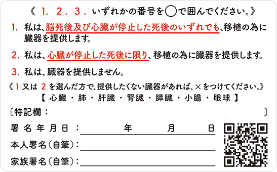臓器提供意思表示カード裏面